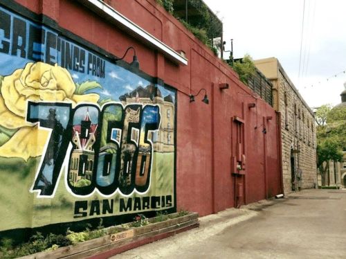 Mural on a wall in San Marcos, featuring "Greetings from 78666" with a yellow rose and vibrant colors.