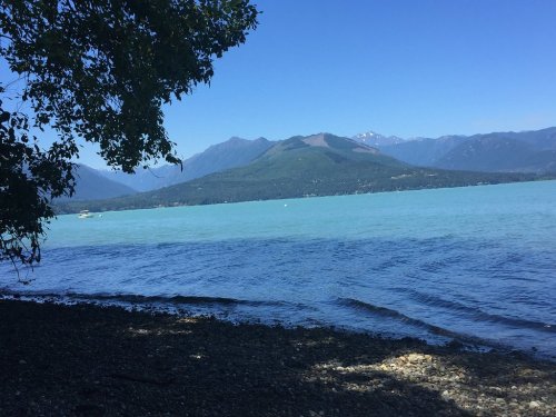 A serene lake with turquoise water, surrounded by mountains under a clear blue sky, framed by tree branches.