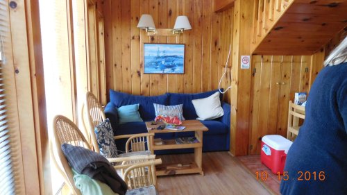 Cozy wooden living room with a blue couch, coffee table, and a staircase, featuring a wall art and a cooler.