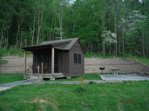 A small brown cabin surrounded by greenery, with a picnic table and grill nearby on a grassy area.