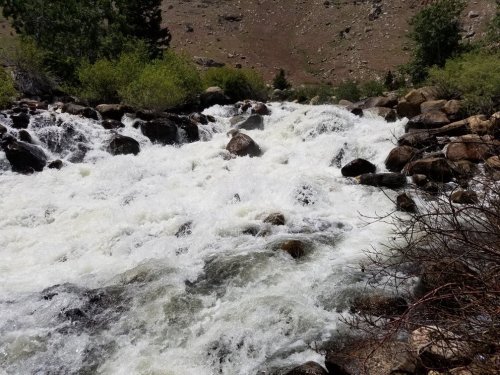 Rushing whitewater flows over rocks, surrounded by greenery and a mountainous landscape in the background.