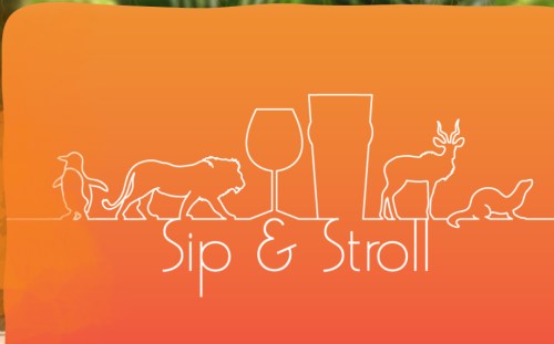 Graphic featuring the text "Sip & Stroll" with silhouettes of animals and drinkware against an orange background.