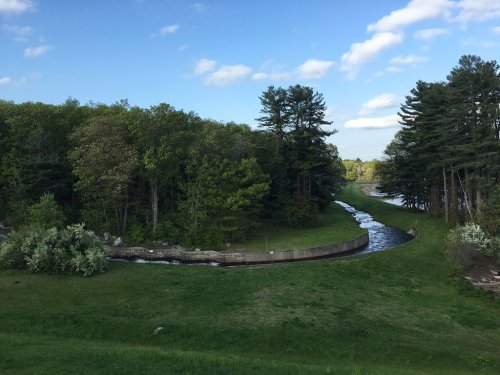 A serene landscape featuring a winding stream, lush green trees, and a clear blue sky.