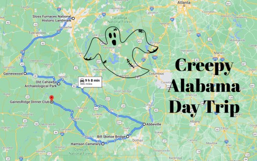 Map of a creepy day trip in Alabama, featuring a ghost illustration and key locations along the route.
