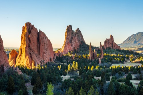 Sunrise over the rock formations at Garden of the Gods in Colorado Springs, Colorado.