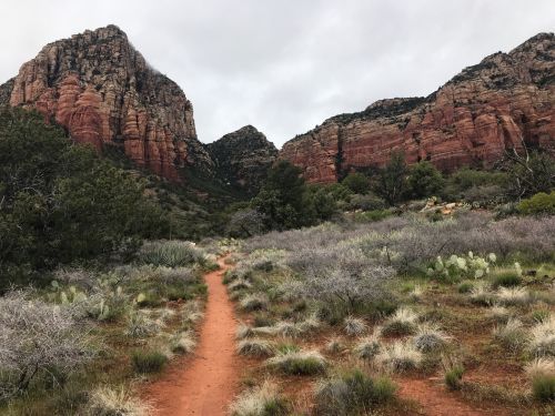 A winding dirt path leads through a desert landscape with red rock formations and sparse vegetation under a cloudy sky.