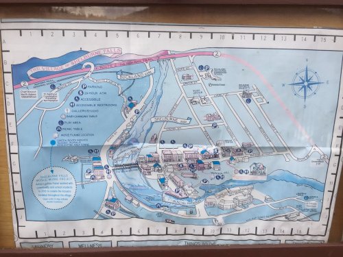 Map of the Village of Shelburne Falls, highlighting attractions, restrooms, and accessible areas.
