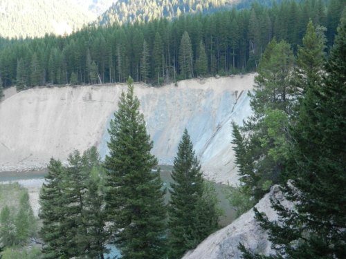 A scenic view of a riverbank surrounded by tall trees and a steep, sandy cliff in a mountainous area.
