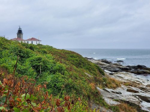 A lighthouse on a rocky coastline, surrounded by greenery, under a cloudy sky with calm ocean waves.