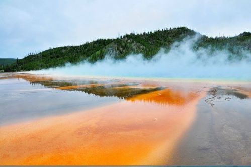 A vibrant geothermal pool with orange and yellow hues, surrounded by mist and lush green hills in the background.