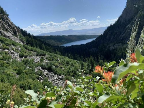A scenic view of a lake surrounded by mountains and lush greenery under a clear blue sky with fluffy clouds.