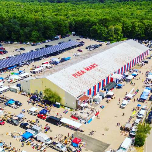 Aerial view of a large flea market with colorful tents, parked cars, and a building labeled "FLEA MART" surrounded by trees.