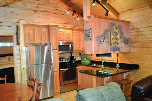 Cozy wooden cabin interior featuring a kitchen with stainless steel appliances and a dining area.