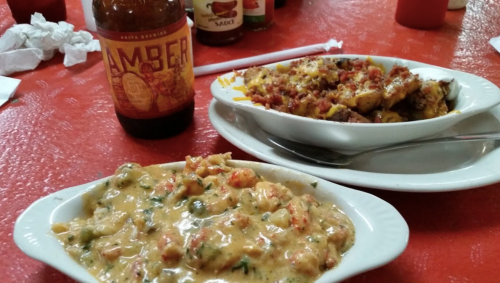 A plate of creamy crawfish dish and a bowl of loaded nachos, with a bottle of Amber beer in the background.