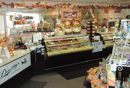 A cozy candy shop interior with display cases, autumn decorations, and a welcoming atmosphere.