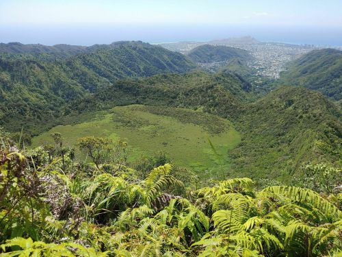A lush green valley surrounded by mountains, overlooking a coastal city in the distance under a clear blue sky.