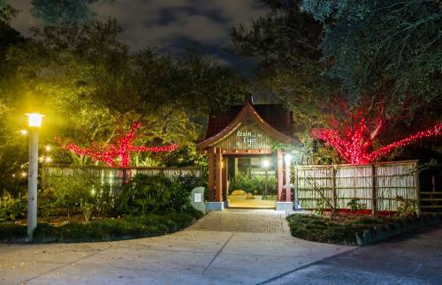 A serene entrance to a garden with red lights on trees, framed by a wooden gate and a pathway under a night sky.