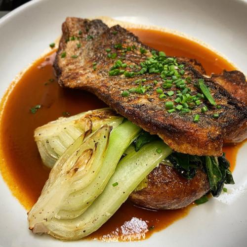 A plate featuring a piece of grilled fish atop a bed of sautéed bok choy, served in a rich sauce with chives.