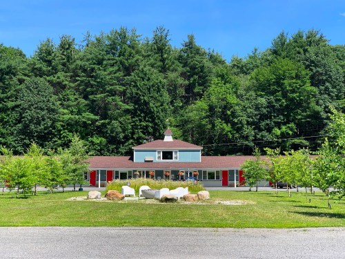 A modern blue building with red doors surrounded by trees and a grassy area featuring white outdoor seating.