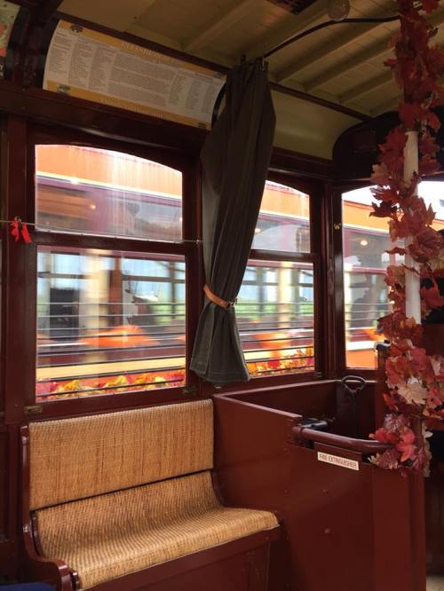 Interior of a vintage tram with a view of passing scenery through the windows, decorated with autumn leaves.