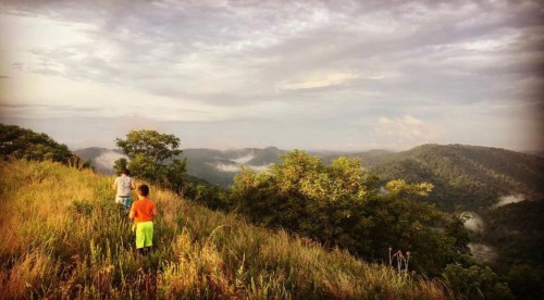 Two children walk along a grassy hillside, surrounded by misty mountains and a cloudy sky.