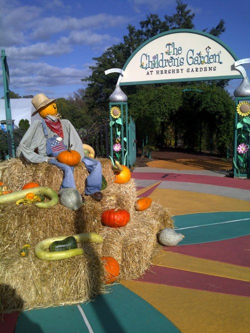 A scarecrow sits on hay bales surrounded by pumpkins at the entrance to The Children's Garden at Hershey Gardens.