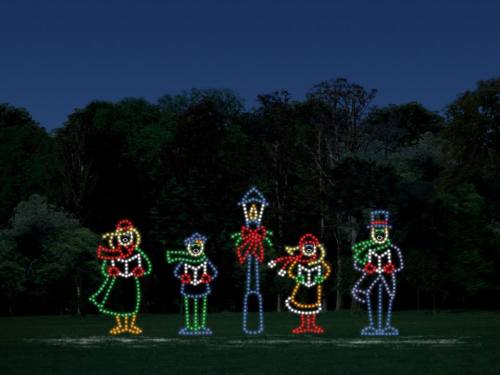 Colorful holiday light display featuring five cheerful figures in festive attire against a dark background.