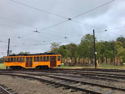 An orange vintage train on tracks, with a backdrop of trees and a field of corn stalks under a cloudy sky.