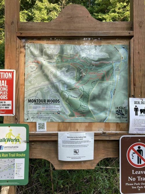 Map of Montour Woods Conservation Area with trail information and guidelines for visitors.