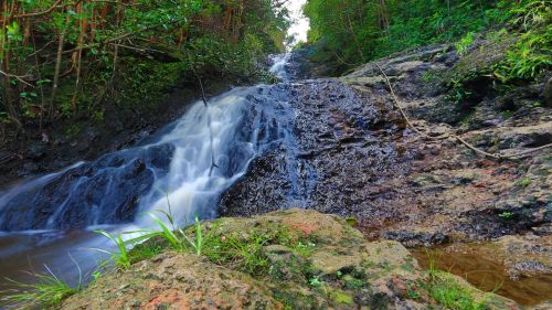 A serene waterfall cascading over rocky terrain, surrounded by lush green foliage and trees.