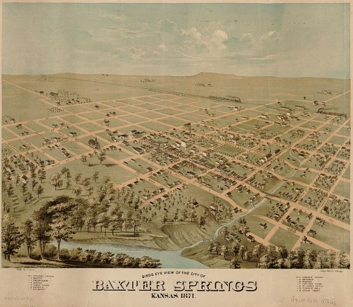 Bird's-eye view map of Baxter Springs, Kansas, from 1871, showing streets, buildings, and surrounding landscape.