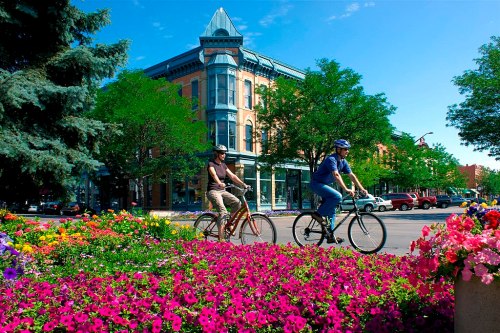 Two cyclists ride past vibrant flower beds in a sunny urban setting with a historic building in the background.