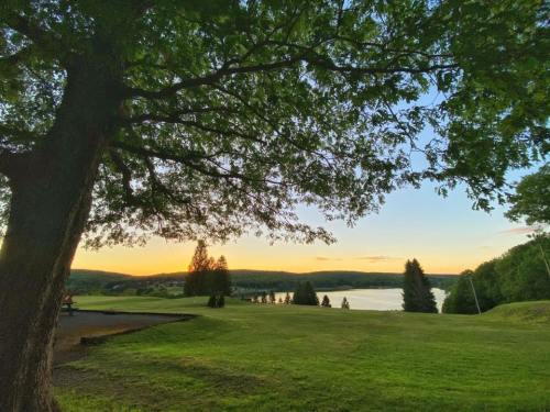 A serene landscape featuring a lake at sunset, framed by lush green trees and rolling hills.