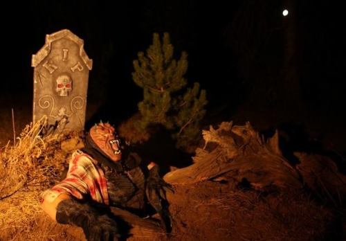A spooky scene at night featuring a grave marker and a creature emerging from the ground, surrounded by trees.
