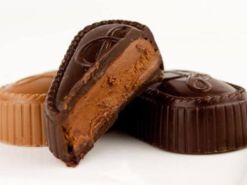 Close-up of two chocolate candies, one dark and one milk chocolate, with a bite taken out of the dark chocolate.
