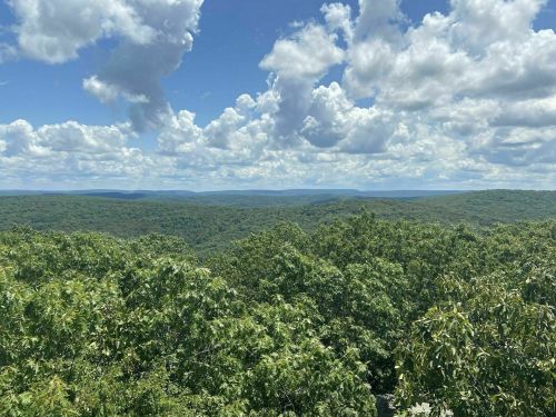 A panoramic view of lush green mountains under a bright blue sky with fluffy white clouds.