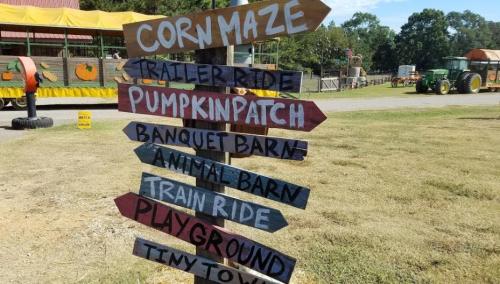 Signpost with directional arrows for attractions: Corn Maze, Trailer Ride, Pumpkin Patch, Banquet Barn, Animal Barn, Train Ride, Playground, Tiny Town.