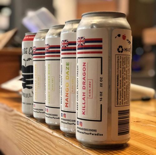 Five cans of cider lined up on a wooden surface, featuring colorful labels with tropical themes and alcohol content.
