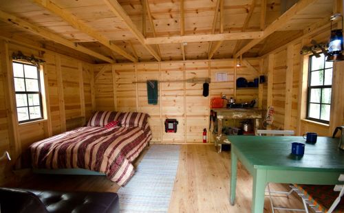 Cozy wooden cabin interior with a bed, small kitchen area, and a green table, featuring natural light from windows.