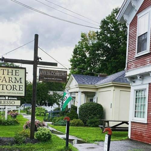 A quaint farm store with a sign, surrounded by greenery and a cloudy sky, featuring a nearby home decor shop.