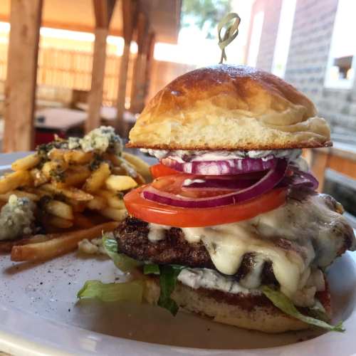 A juicy burger with melted cheese, lettuce, tomato, and onion, served with a side of crispy fries.