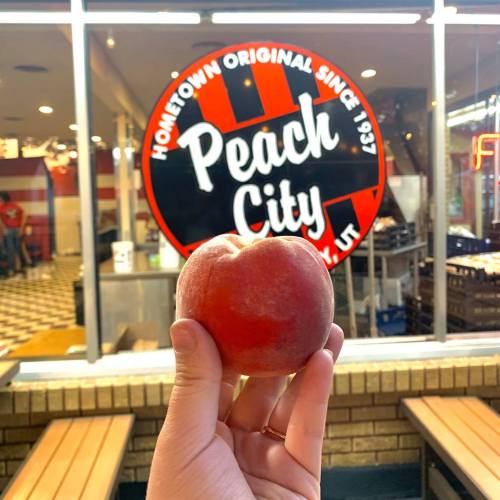 A hand holding a peach in front of a "Peach City" sign and a restaurant interior.