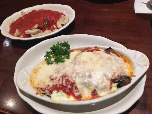 A dish of baked pasta with cheese and marinara sauce, garnished with parsley, alongside a bowl of pasta in red sauce.