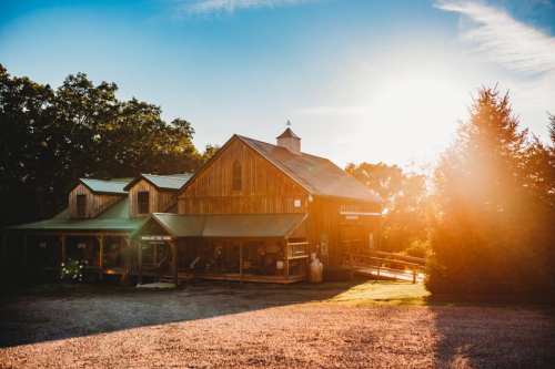 A rustic wooden building with a green roof, surrounded by trees, illuminated by warm sunlight during sunset.