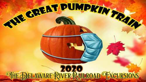 A pumpkin wearing a face mask with autumn leaves in the background, promoting the Great Pumpkin Train 2020 event.