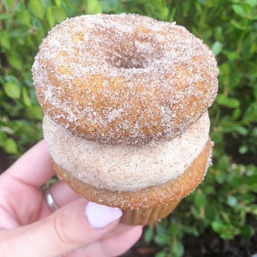 A hand holding two stacked cinnamon sugar donuts against a green background.