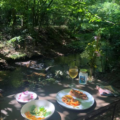 A serene outdoor setting with a table featuring a meal, a glass of wine, and a vase of flowers by a stream.