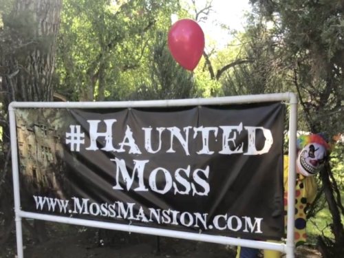 A clown peeks from behind a sign that reads "#Haunted Moss" with a red balloon in a wooded area.