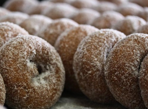 A close-up of freshly made, sugar-coated donuts arranged in a row.