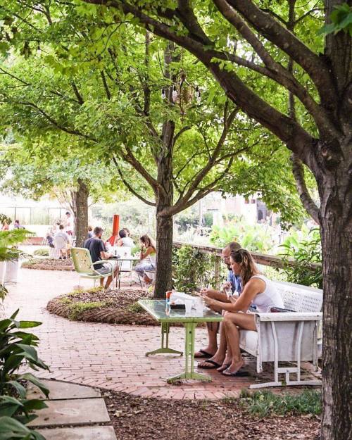 A serene garden scene with people sitting at tables under trees, enjoying drinks and conversation in a lush setting.